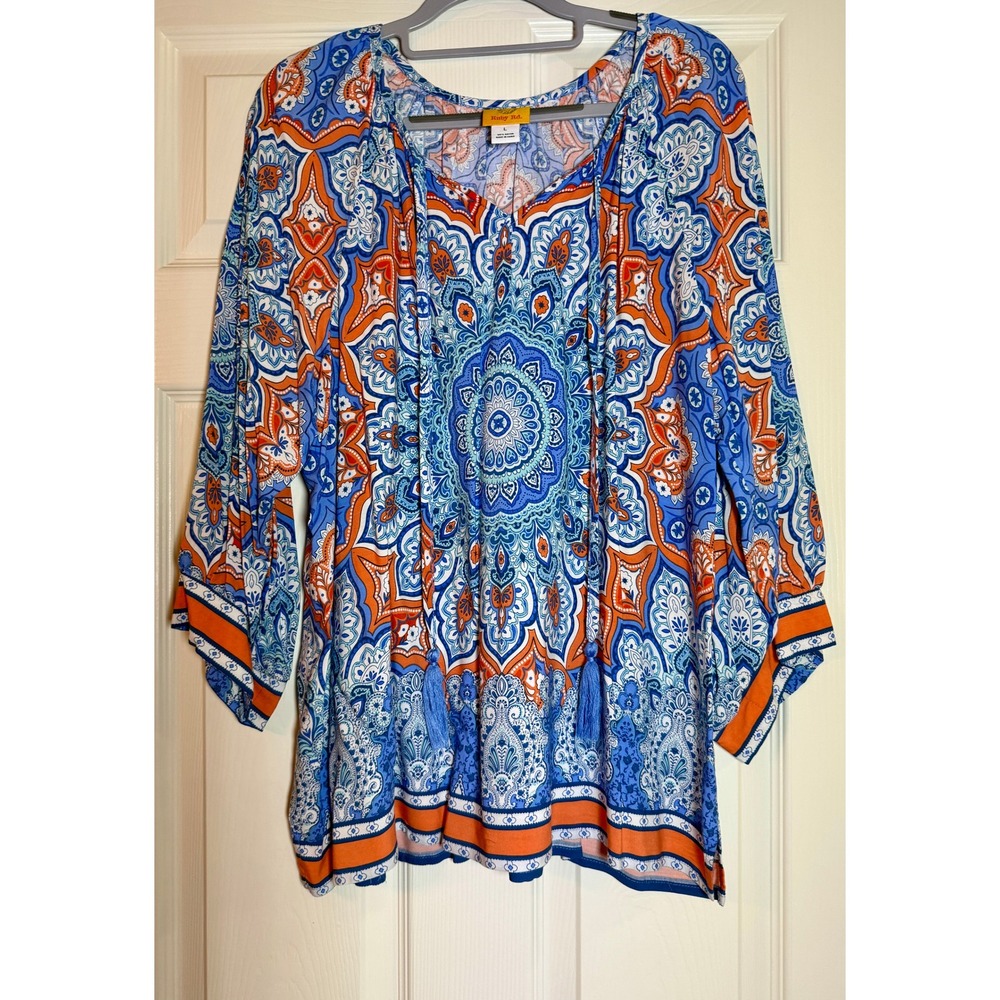 Ruby Rd Boho Tunic Top Blue Orange Mandala Print Large Tassel Tie Neck